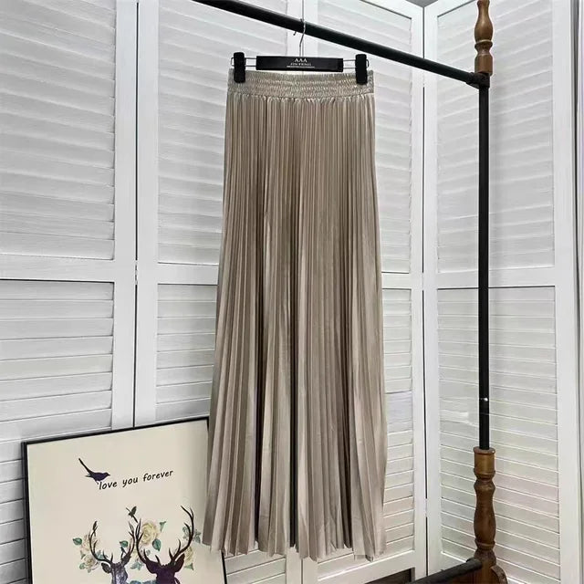 Women's Solid Colour Pleated Elastic Waist Maxi Skirt