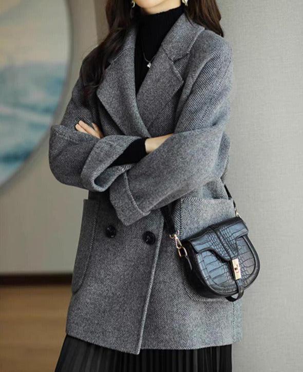 Women's Herringbone Wool Coat Double Breasted Loose Fit With Pockets