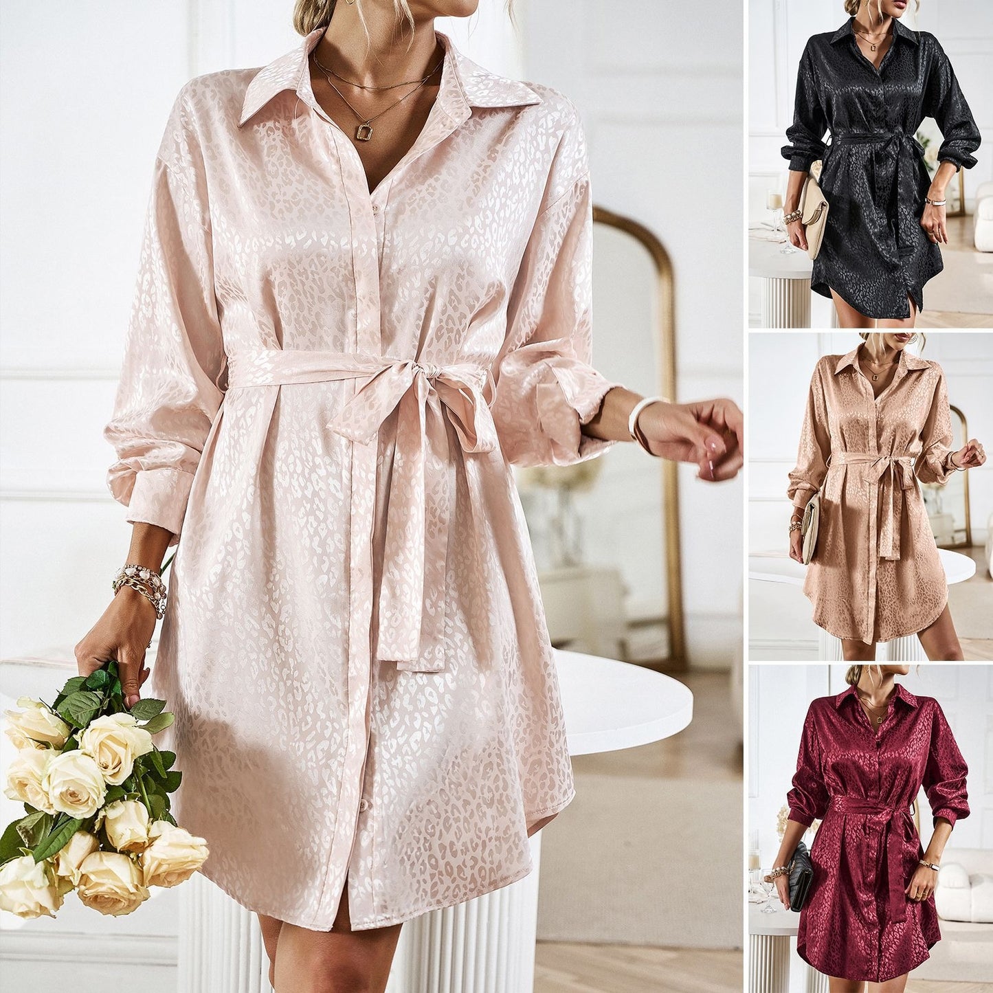 Women's Solid Leopard Print Long Sleeve Shirt Dress