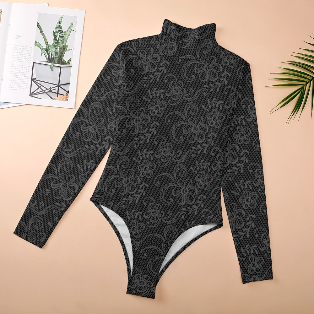 Women's Lace Print Turtleneck Long Sleeve Bodysuit