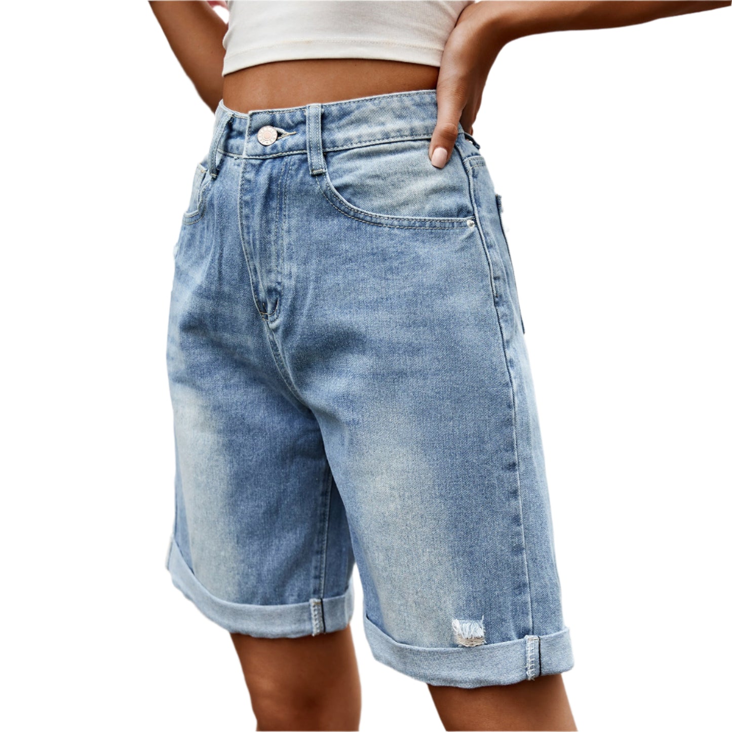 Women's High Waisted Long Denim Shorts