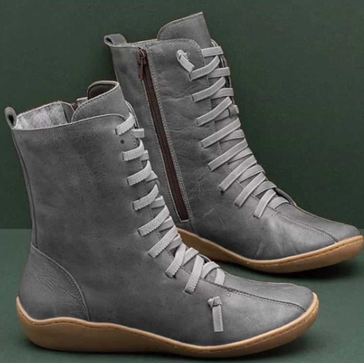 Women's Faux Leather Lace Up Ankle Boots Side Zipper Flat Heel Winter Footwear