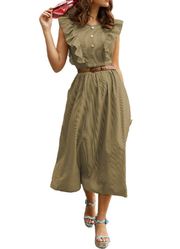 Women's French Ruffle Front Detail Cotton Midi Dress