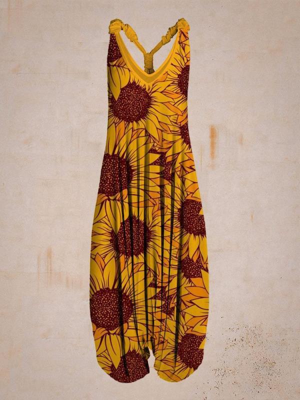 Women's Hippie Style Print Loose Wide Leg Sleeveless Racer Back Jumpsuit