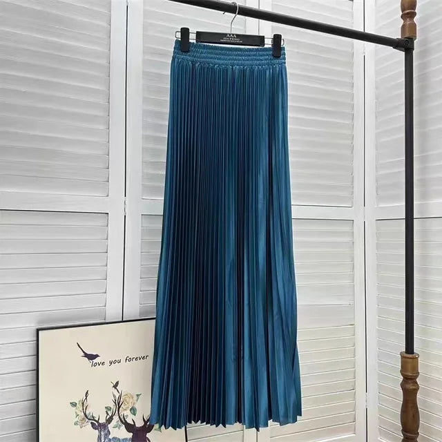 Women's Solid Colour Pleated Elastic Waist Maxi Skirt
