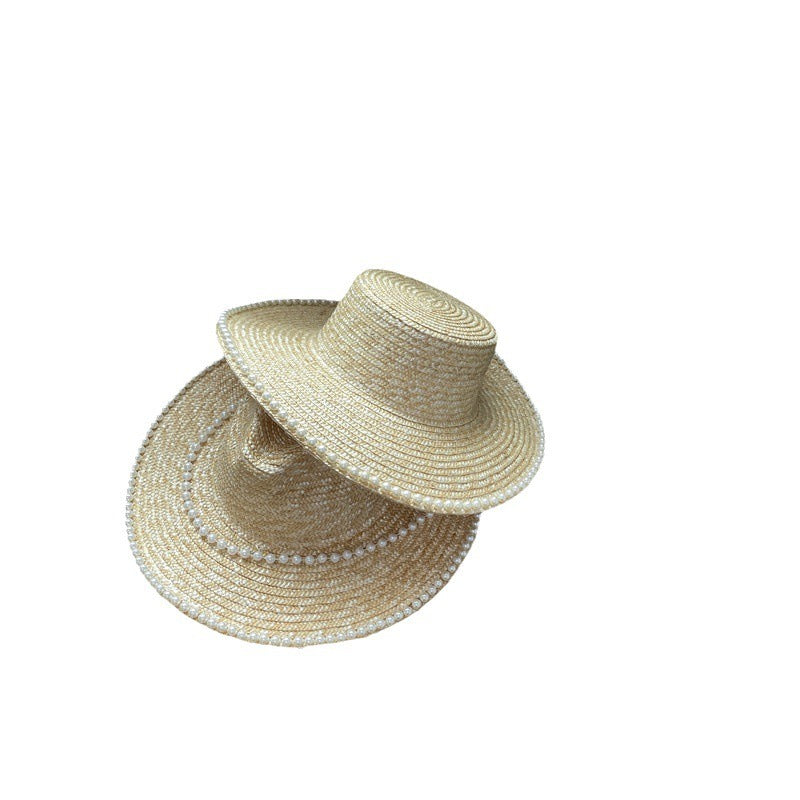 Women's Straw Hat With Pearl Chain Detail Flat Top Big Brim