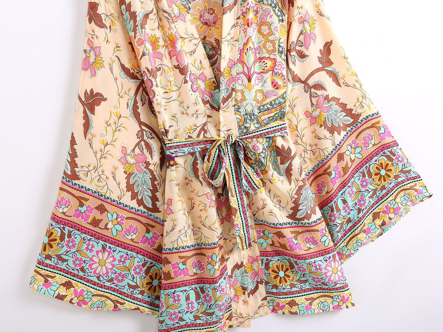Women's Bohemian Style Yellow Pink Floral Print Kimono Robe