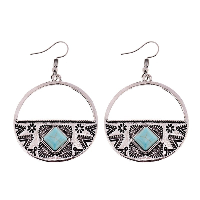 Women's Bohemian Gypsy Faux Turquoise Round Carved Earrings