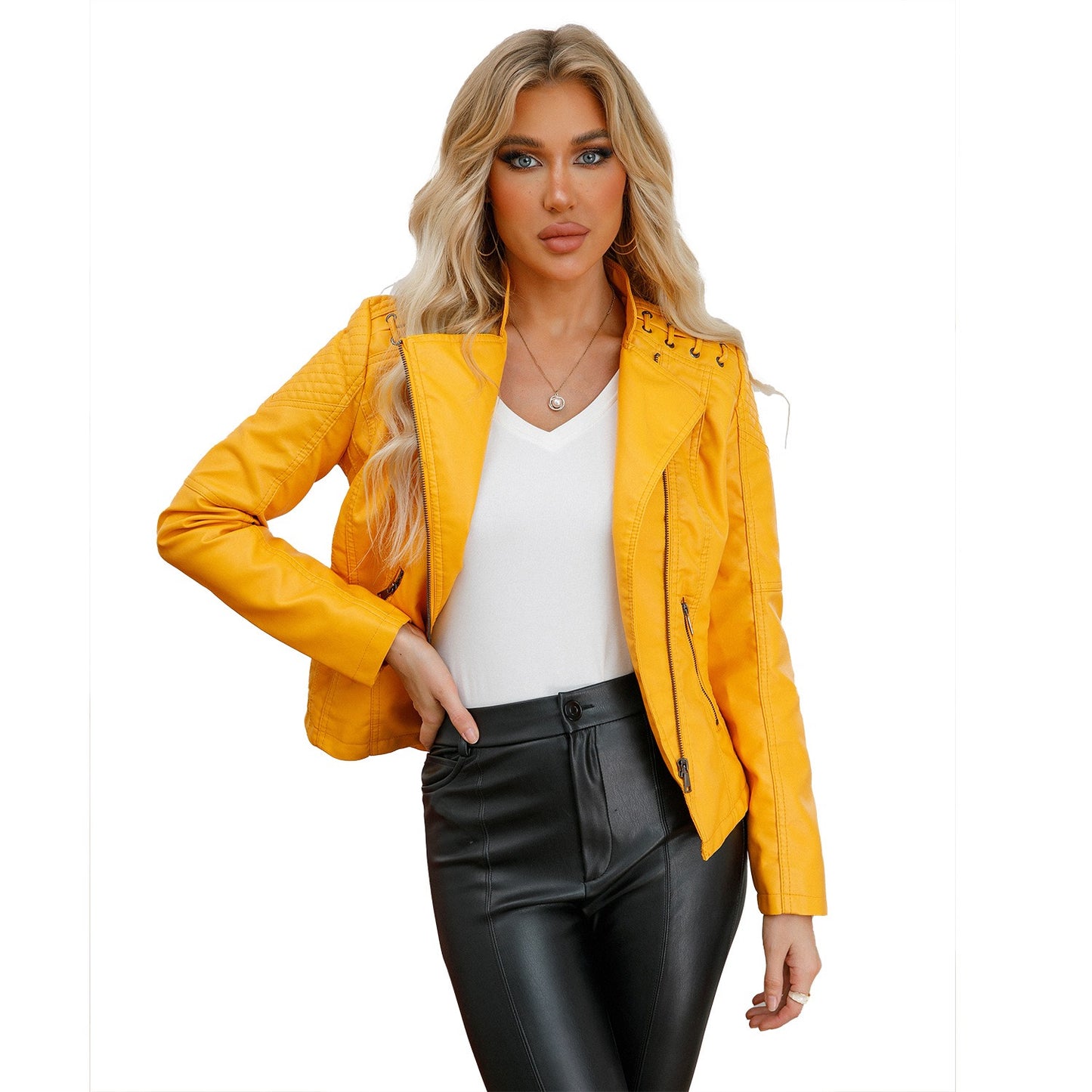Women's PU Leather Jacket Long Sleeved Pockets Shoulder Detail Fitted Waist Zip Pockets Casual Fashion