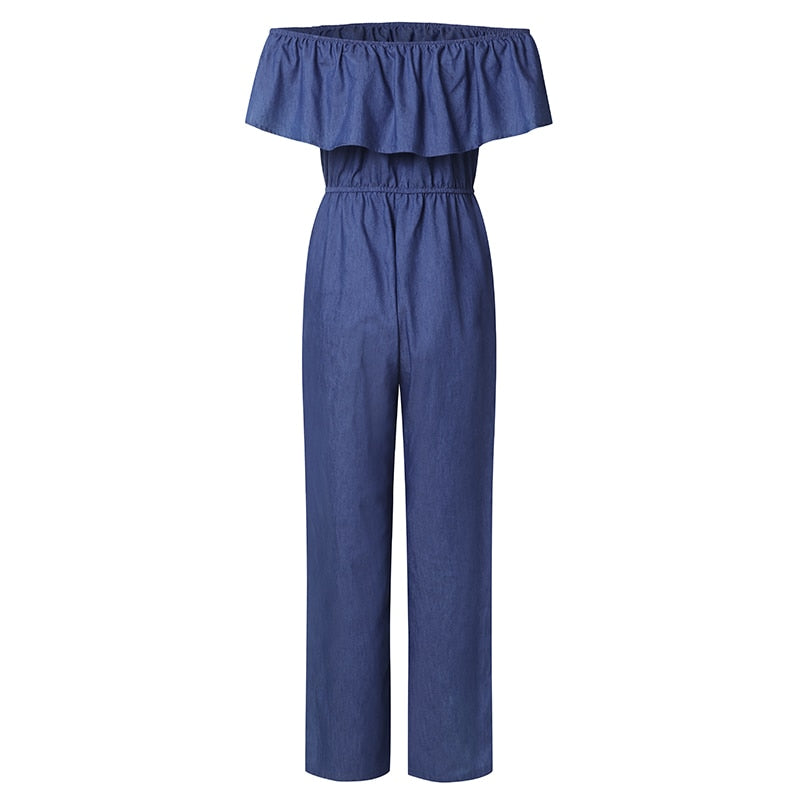 Women's Plus Size Denim Style Fitted Bardot With Pockets Jumpsuit