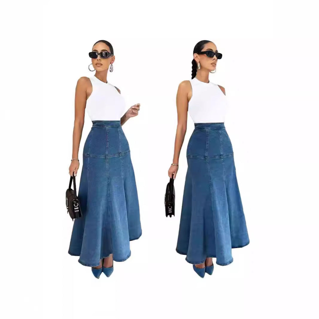 Women's Denim Maxi Flare Swing Skirt Patchwork Fitted Waist