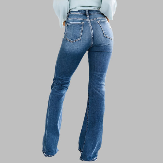 Women's Denim Twist Stitch Detail High Waisted Flare Jeans
