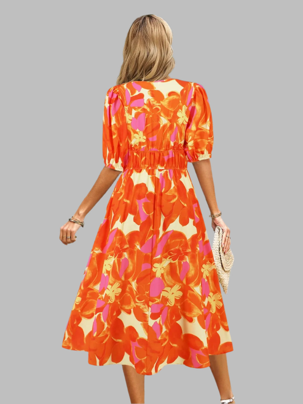 Women's Ruched Floral Print Flare Midi Dress