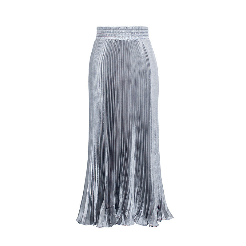 Women's Satin Metallic Pleated Maxi Skirt Long Organ Fan Long Length Elastic Waist