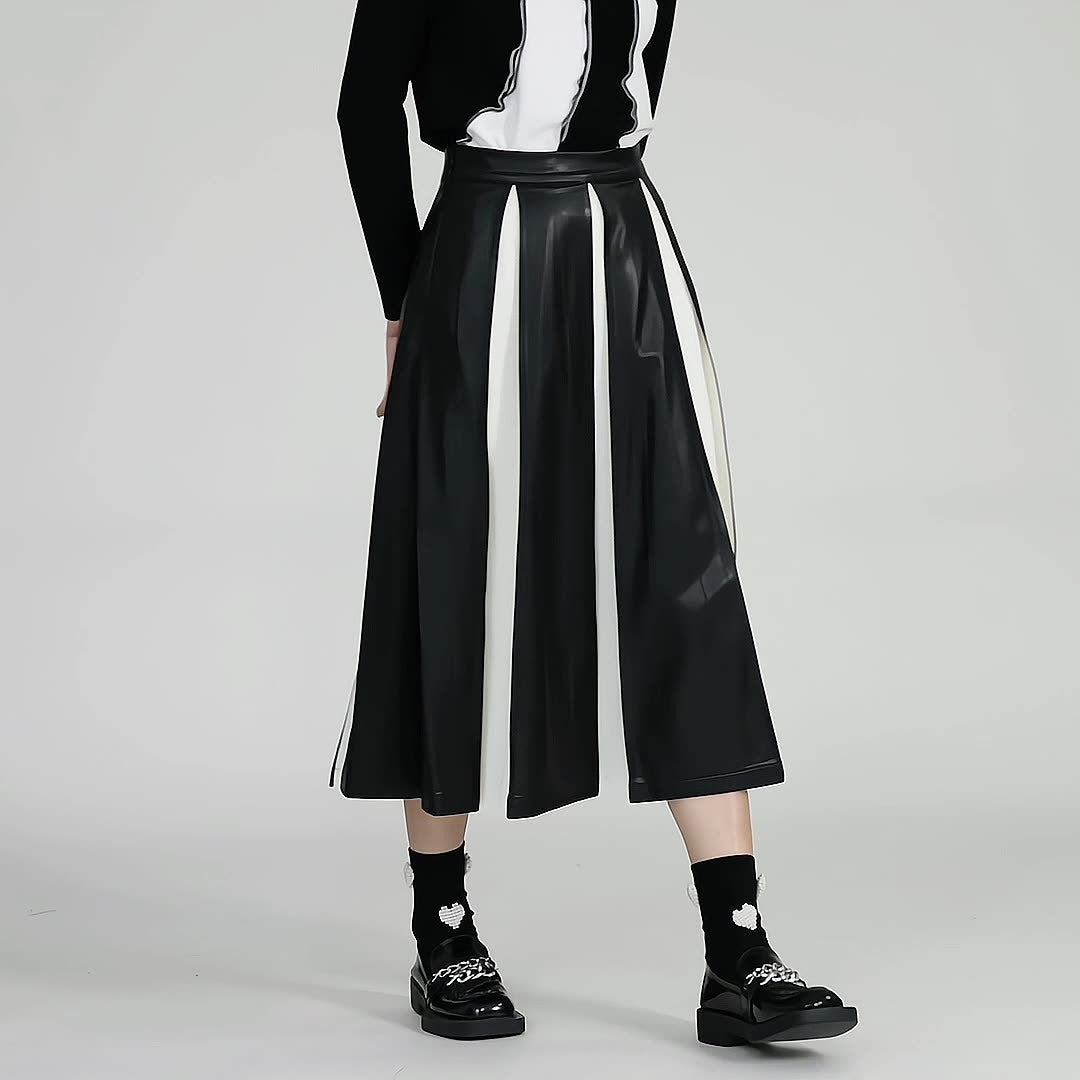 Women's PU Leather Black and White Patchwork Pleated Fitted Waist Ankle Length A-Line Skirt