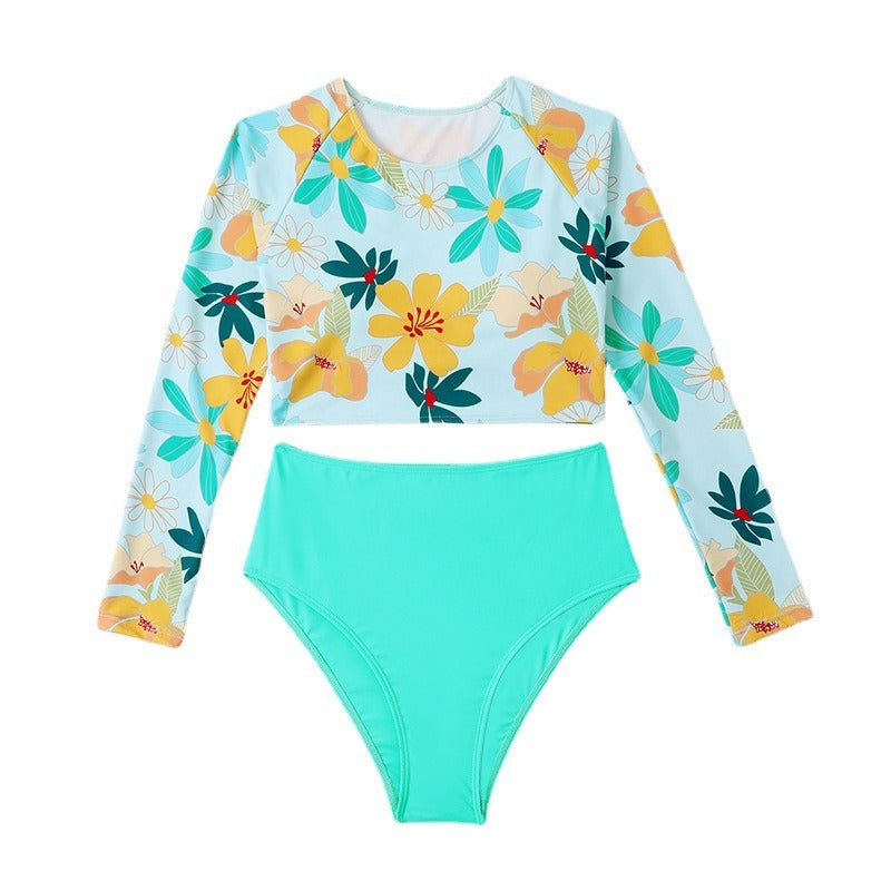 Women's Floral Print Long Sleeved Top High Waisted Bottoms Bikini