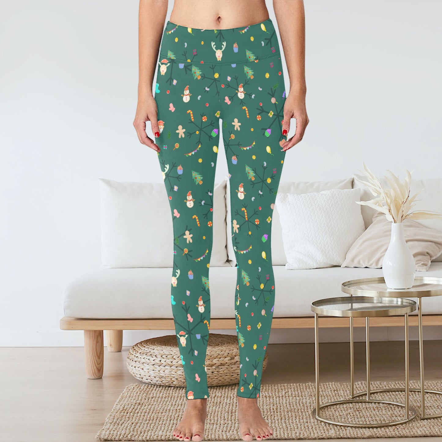 Women's Green Christmas Theme All-over Print Reindeer Snowman Leggings