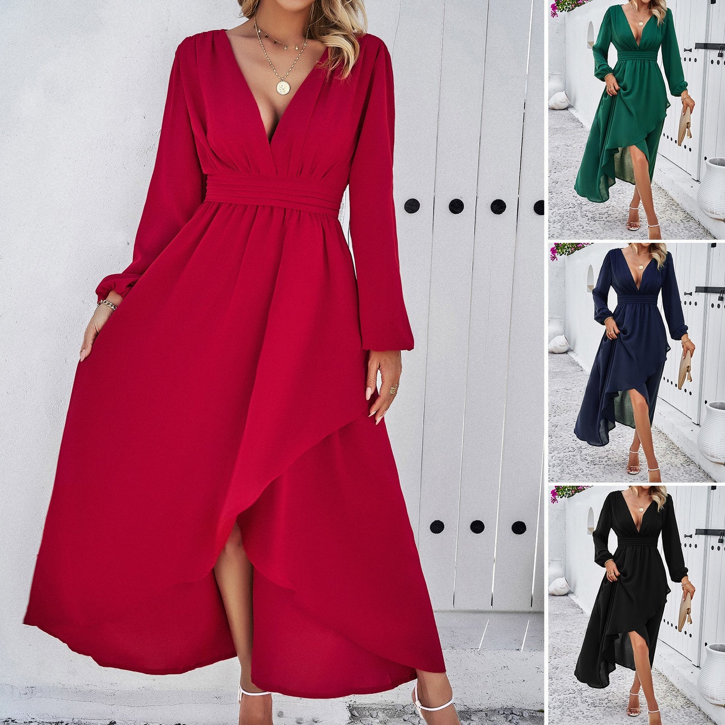 Women's Solid Colour Dress Fitted Waist Long Sleeve V-Neck Flared Maxi Elegant Fashion