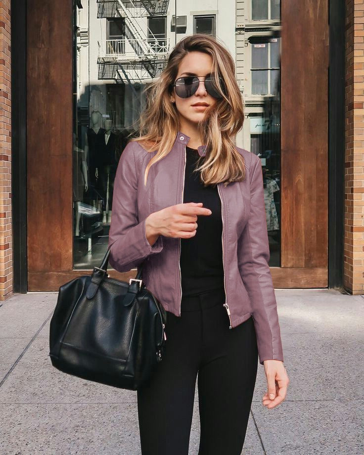 Women's Basic Faux Leather Jacket Long Sleeve Zip Front Straight Collar