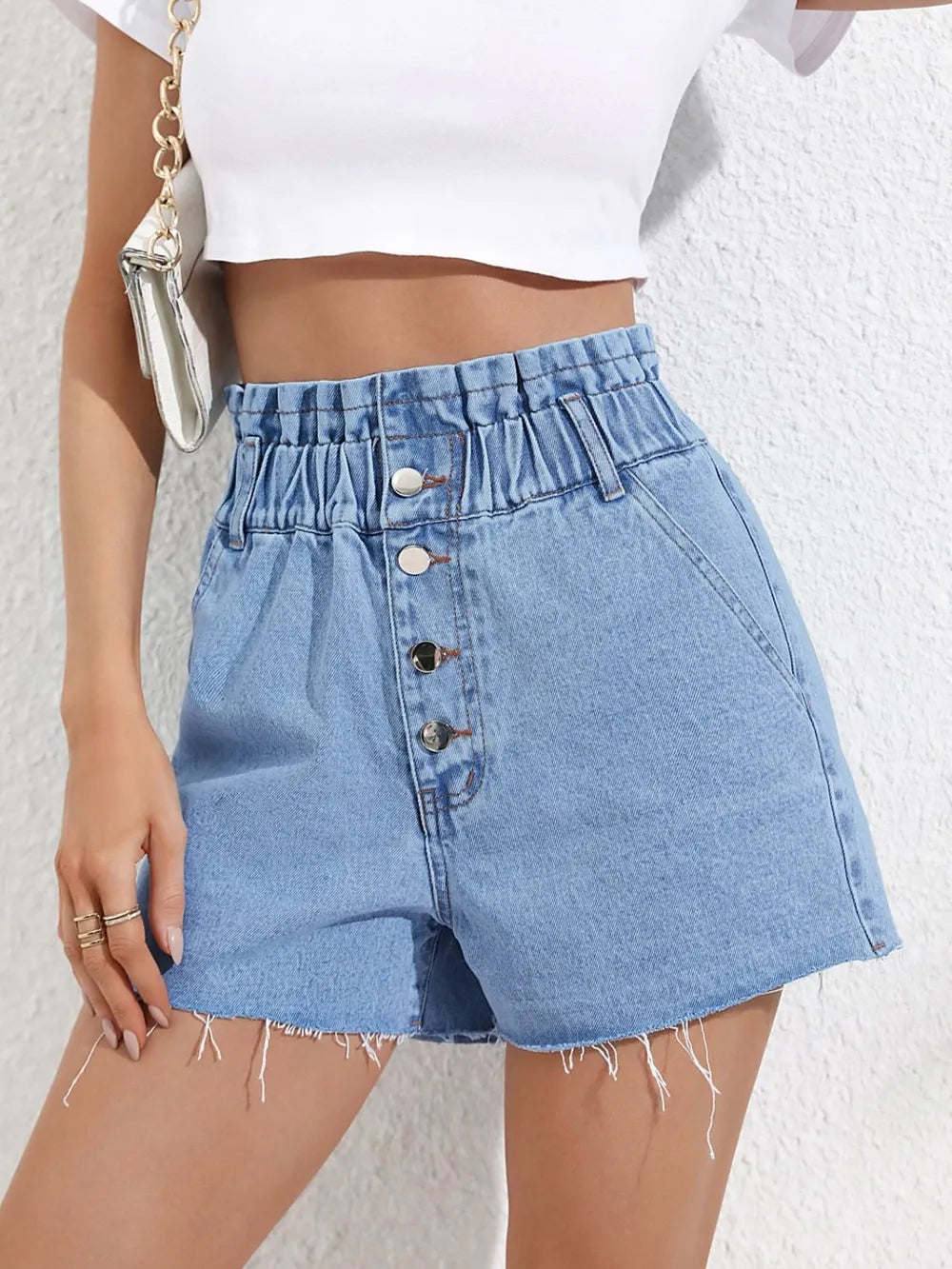 Women's High Waisted Frayed Hem Paper Bag Denim Shorts