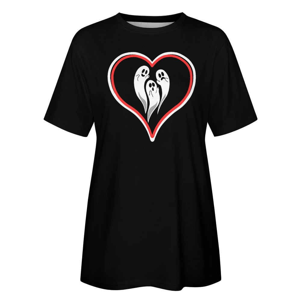 Women's Ghost Love Heart Halloween Print T-shirt Cotton Round Neck Short Sleeve Casual Fashion Tee