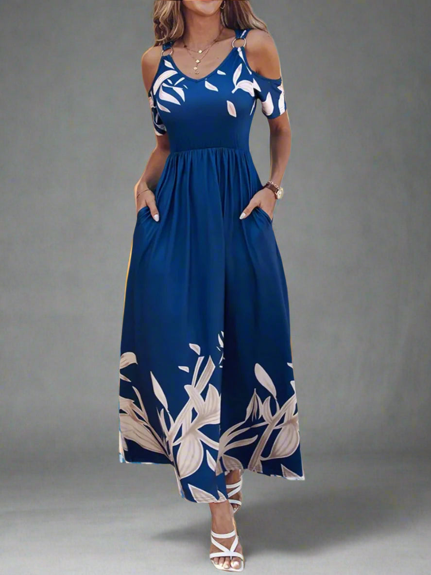 Women's Royal Blue Printed Cut Out Shoulder Maxi Dress