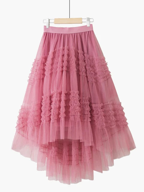 Women's Bohemian Style Ruffle Layered Scalloped Front Mesh Midi Skirt
