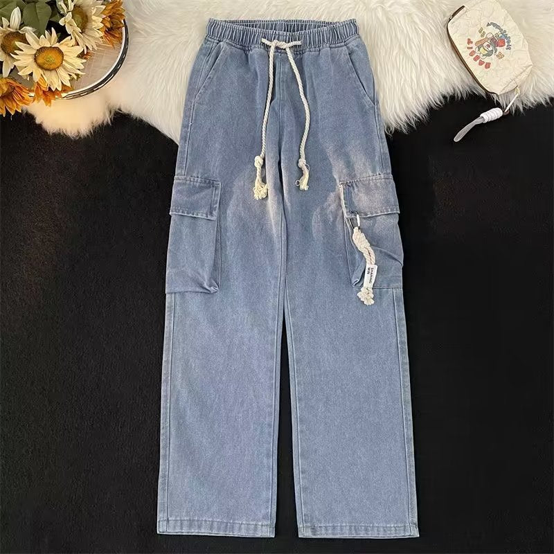 Women's Denim Combat Style Wide Leg Jeans with Elastic Drawstring Waist
