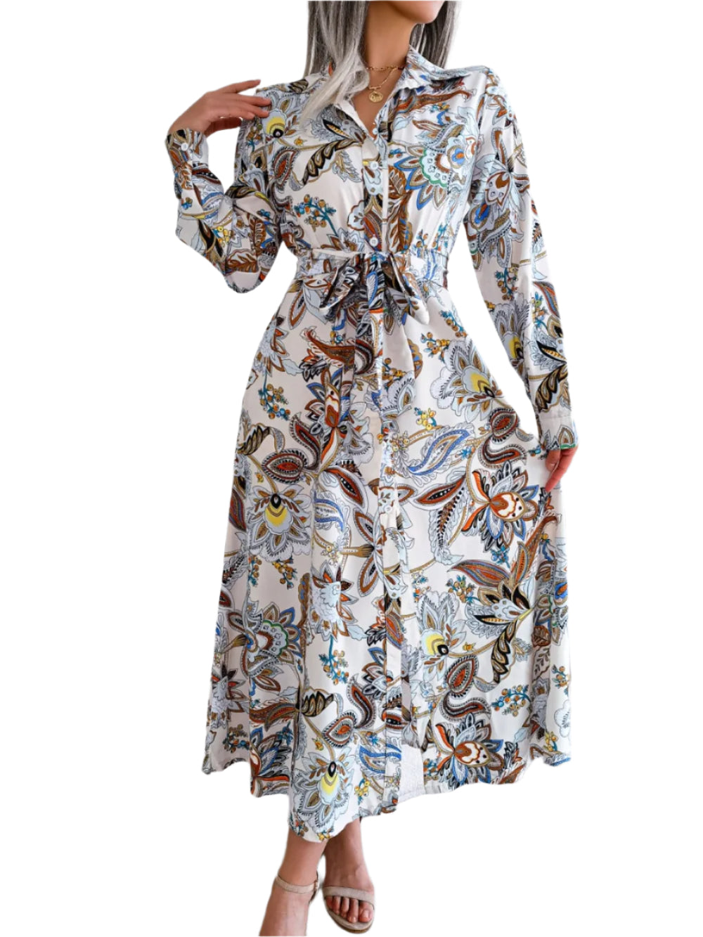 Women's Floral Printed Button Front Long Sleeve Midi Dress