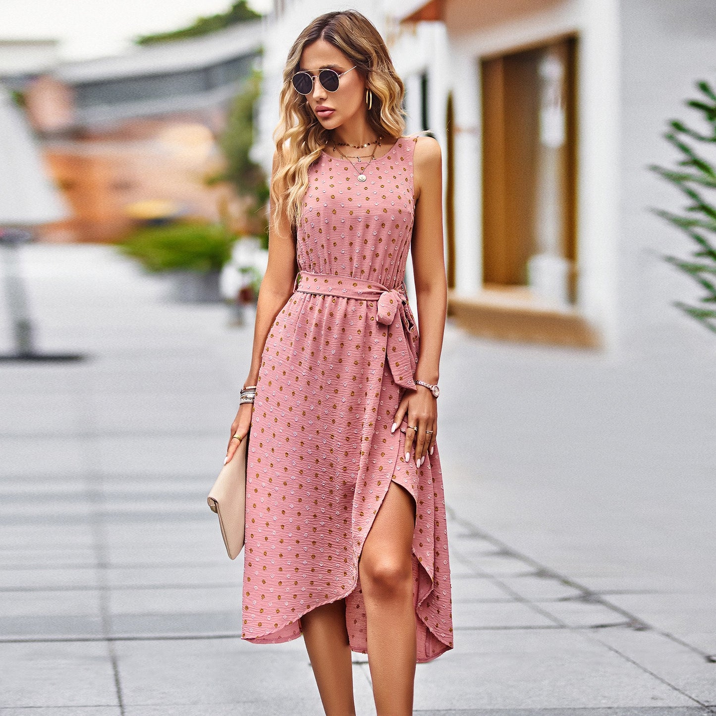 Women's Jacquard Textured Spot Dress Sleeveless Round Neck Top Tie Waist Long Wrap Skirt