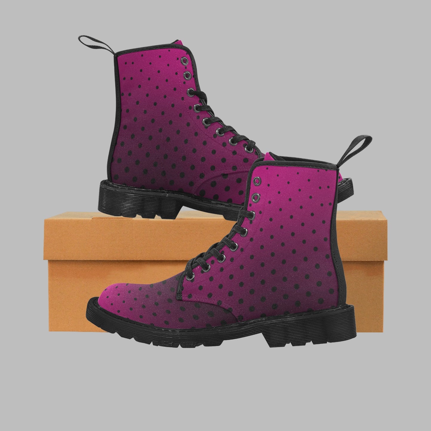 Women's Pink Black Ombre Polka Dot Print Lace Up Canvas Doc Style Boots