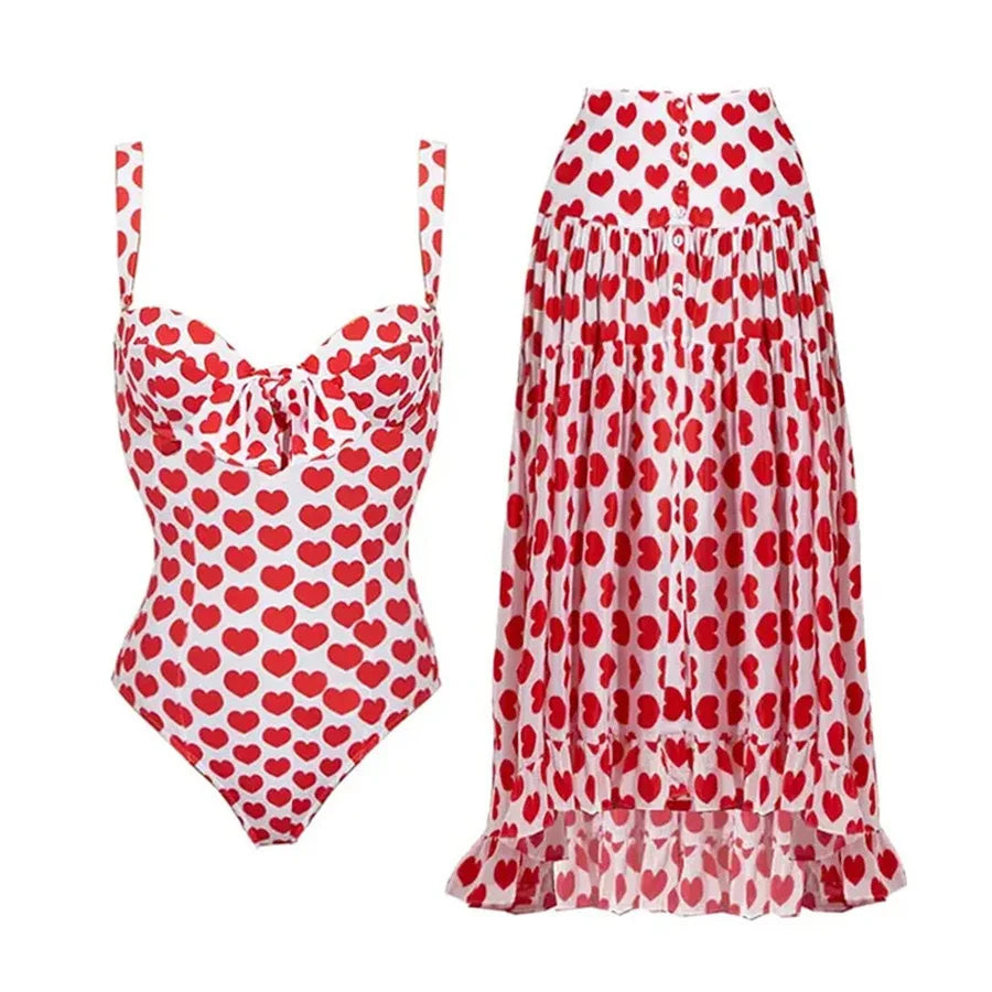 Women's Love Heart Print Swimsuit With Matching Skirt