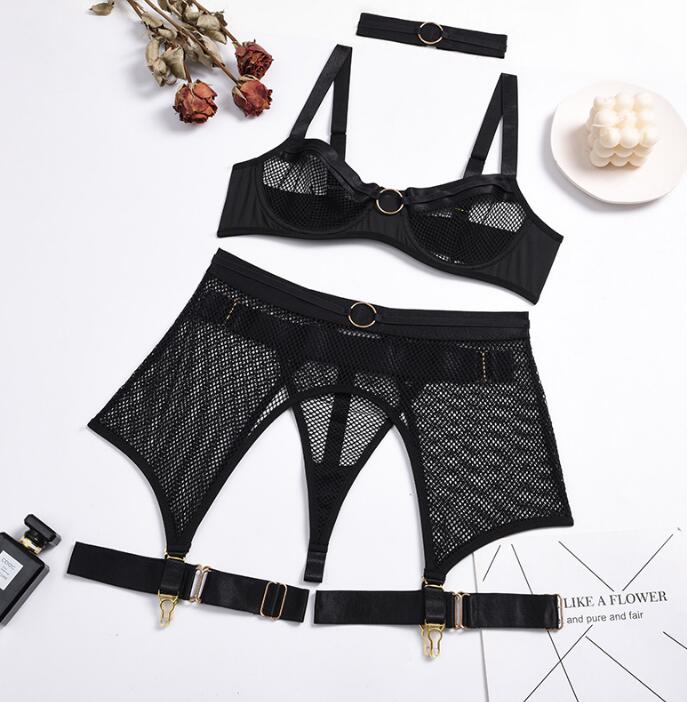 Women's Sexy Black Mesh Bra Pants Suspender Skirt and Choker 4 Piece Lingerie Set