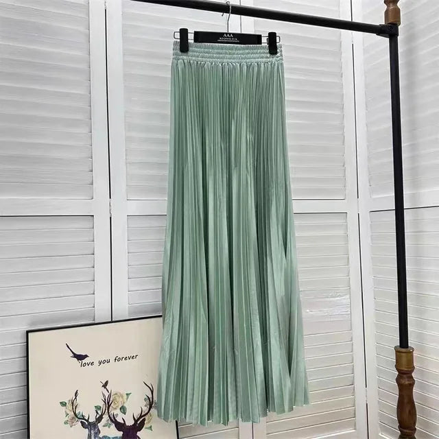 Women's Solid Colour Pleated Elastic Waist Maxi Skirt
