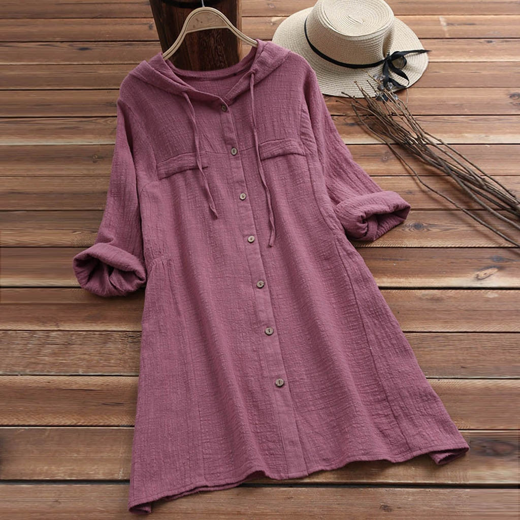 Women's Plus Size Linen Hooded Shirt Dress Long Sleeve Midi Length