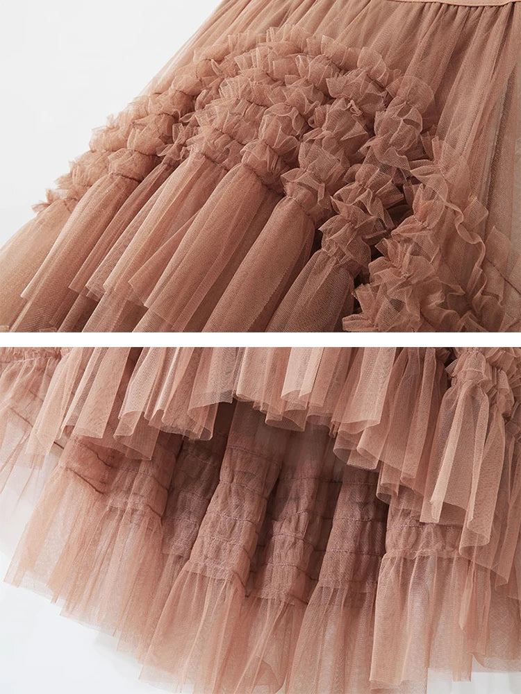 Women's Bohemian Style Ruffle Layered Scalloped Front Mesh Midi Skirt