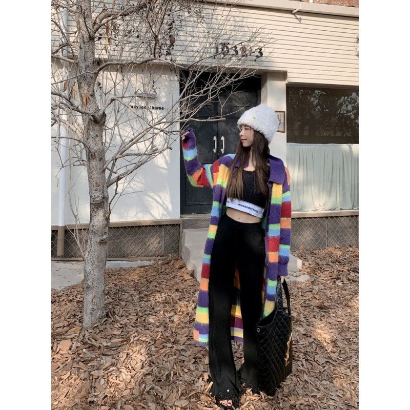 Women's Rainbow Striped Colourful Knitted Long Cardigan
