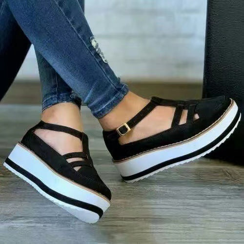 Women's Faux Suede Ankle Strap Thick Sole Low Platform Shoes