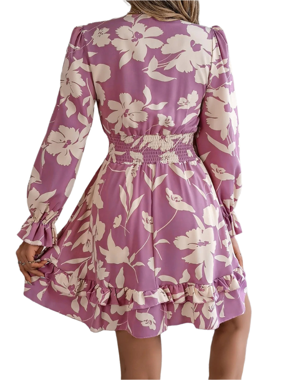 Women's Printed V Neck Tied Ruffled Long Sleeve Dress