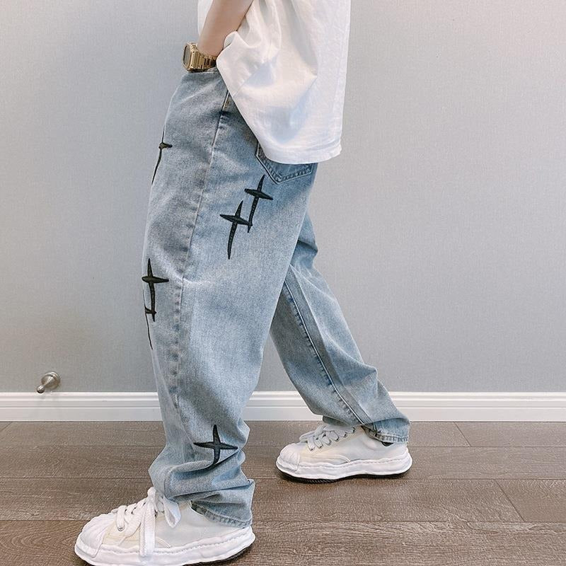 Men's Cross Patch Embroidered Denim Jeans Loose Fit Straight Leg Trousers