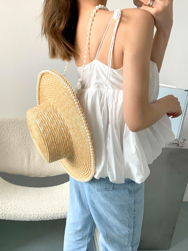 Women's Straw Hat With Pearl Chain Detail Flat Top Big Brim