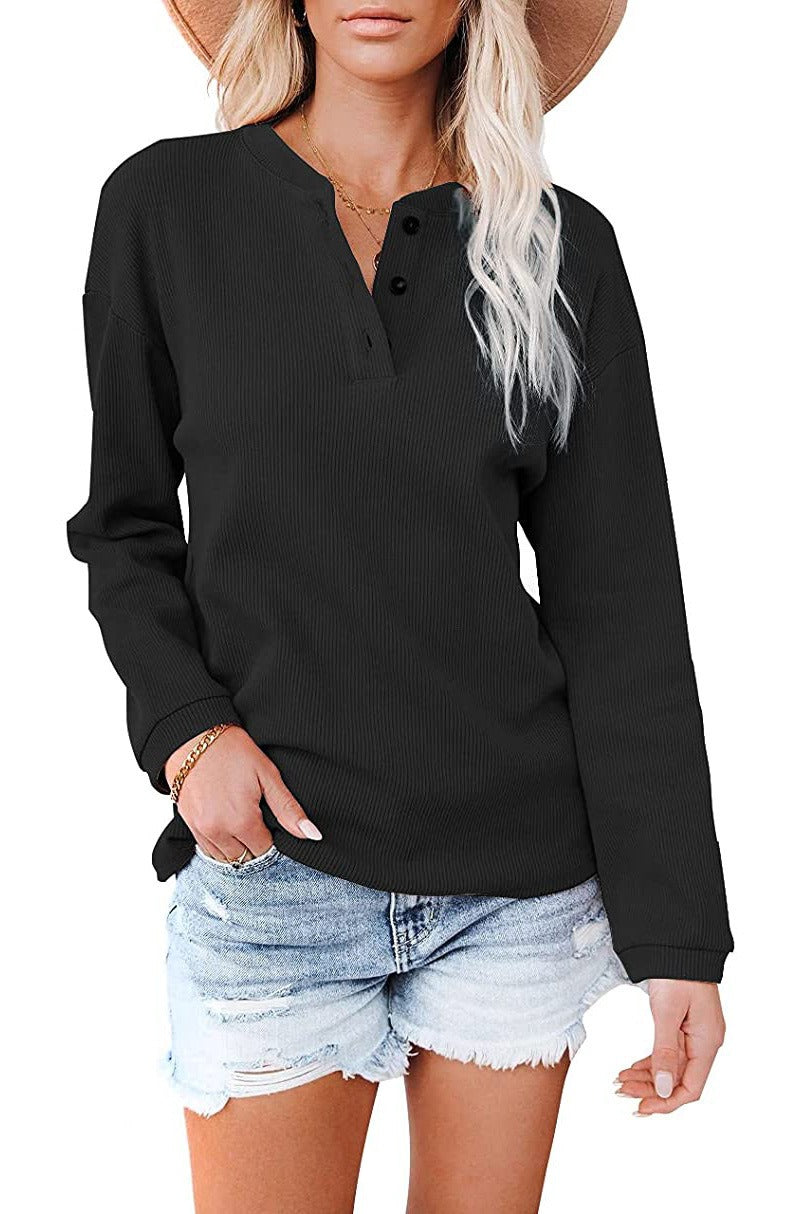 Women's Solid Colour V-Neck Long Sleeved Top Button Collar Round Neck Sweater