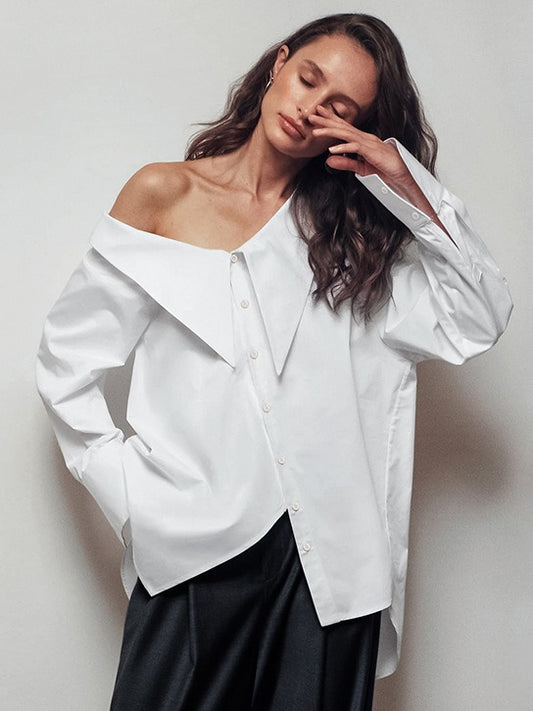 Women's Off Shoulder Irregular Collar Loose White Shirt