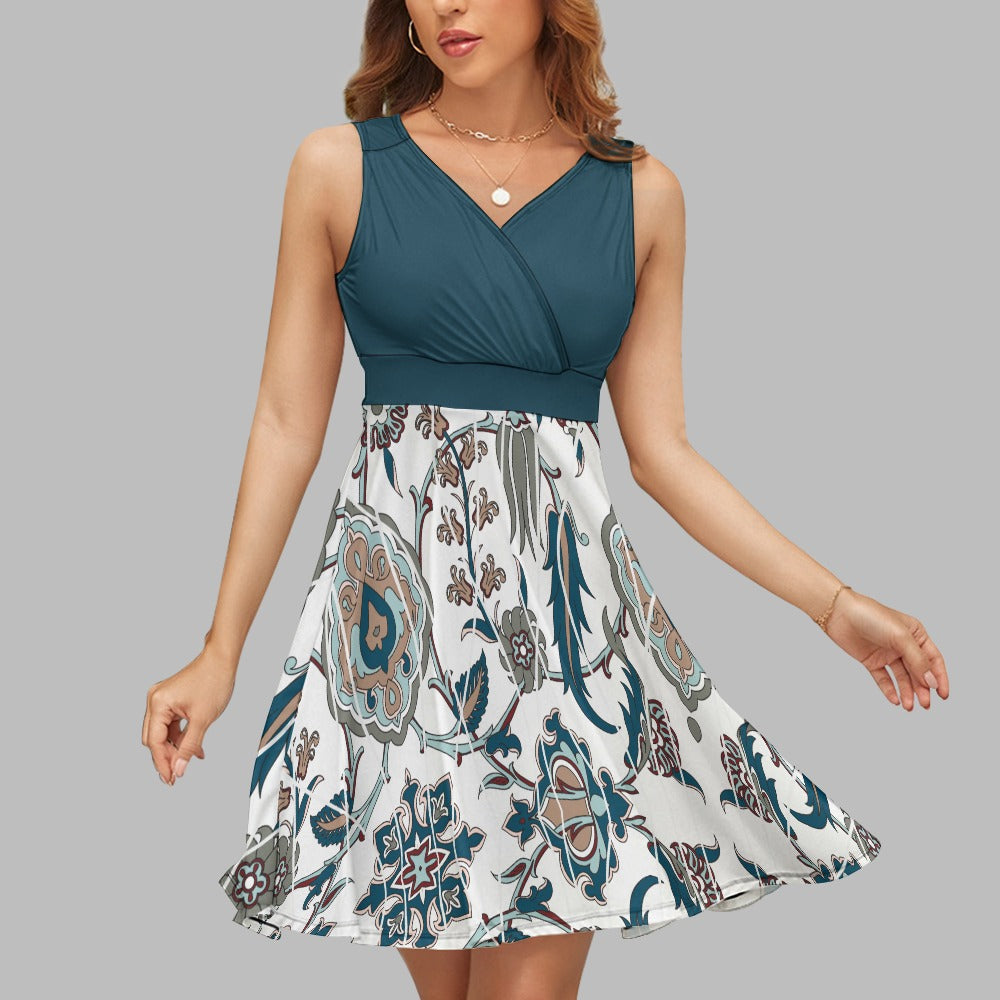 Women's Floral Print Teal V-Neck Sleeveless Flare Dress