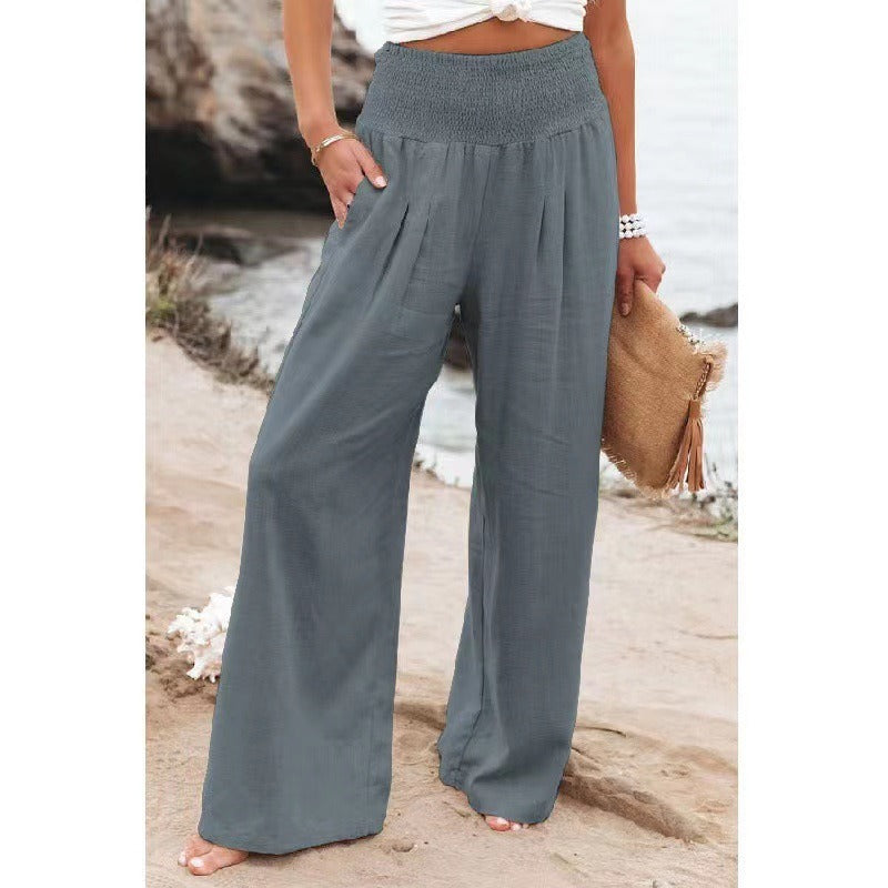 Women's Bohemian Linen Loose Wide Leg Elastic Waist with Pockets Trousers