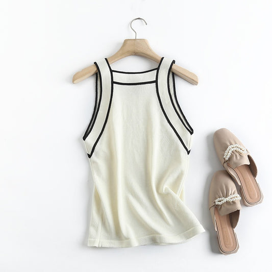 Women's Knitted Contrast Trim Slim Fit Trim Edge Tank Top