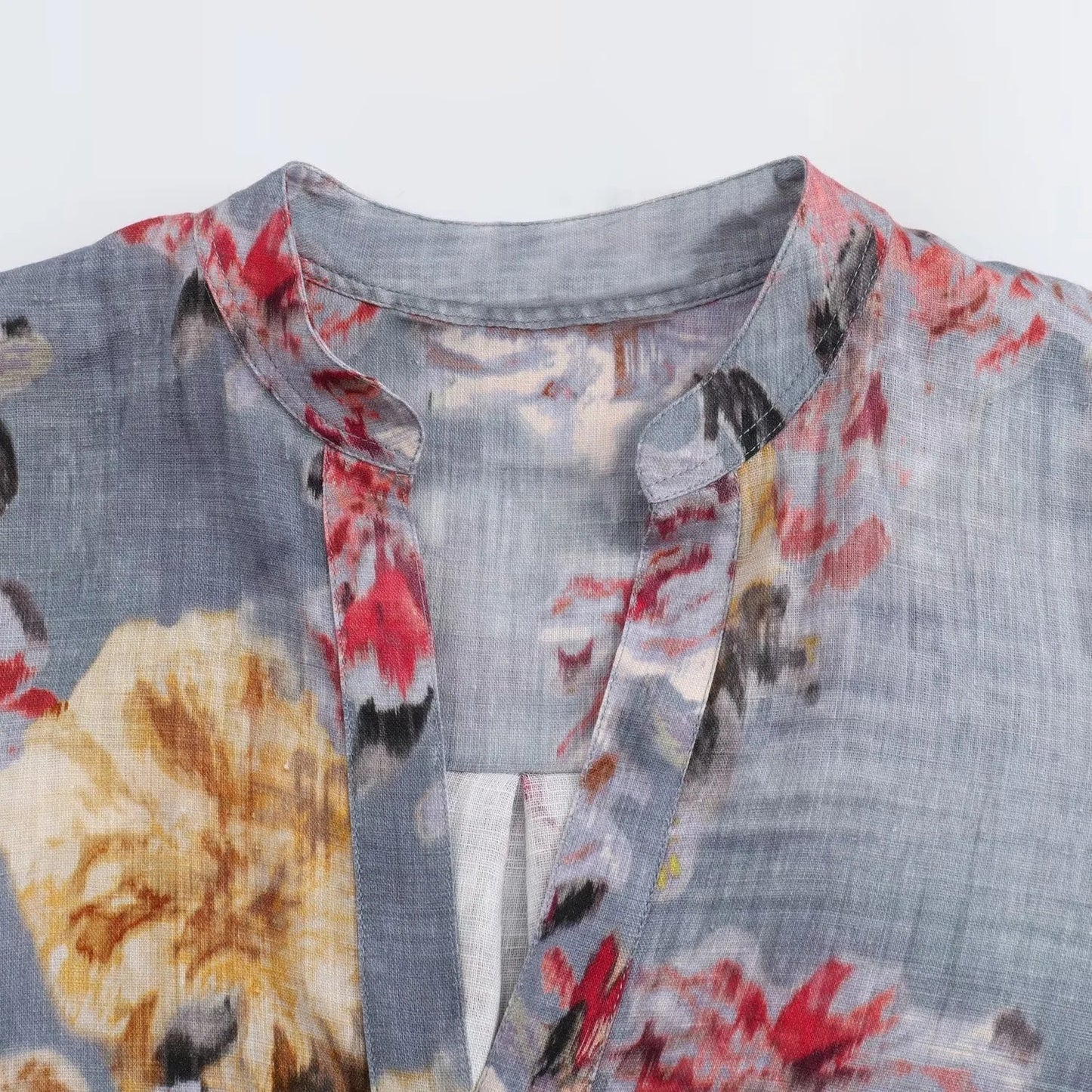 Women's Floral Print Linen Style V Neck Loose Blouse