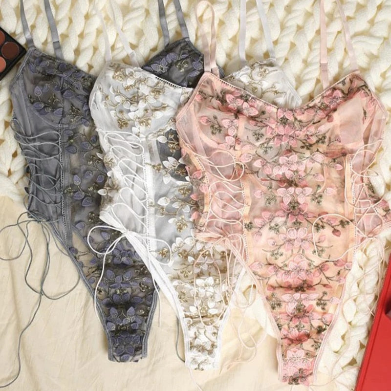 Women's Sexy Embroidered Lace Corset Bodysuit