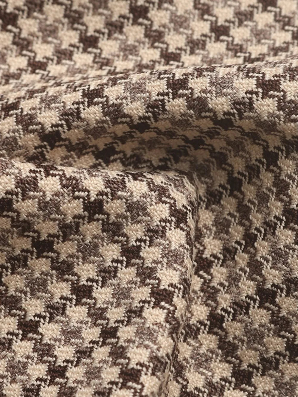 Women's Beige Brown Houndstooth Lapel Collar Long Sleeve Blazer