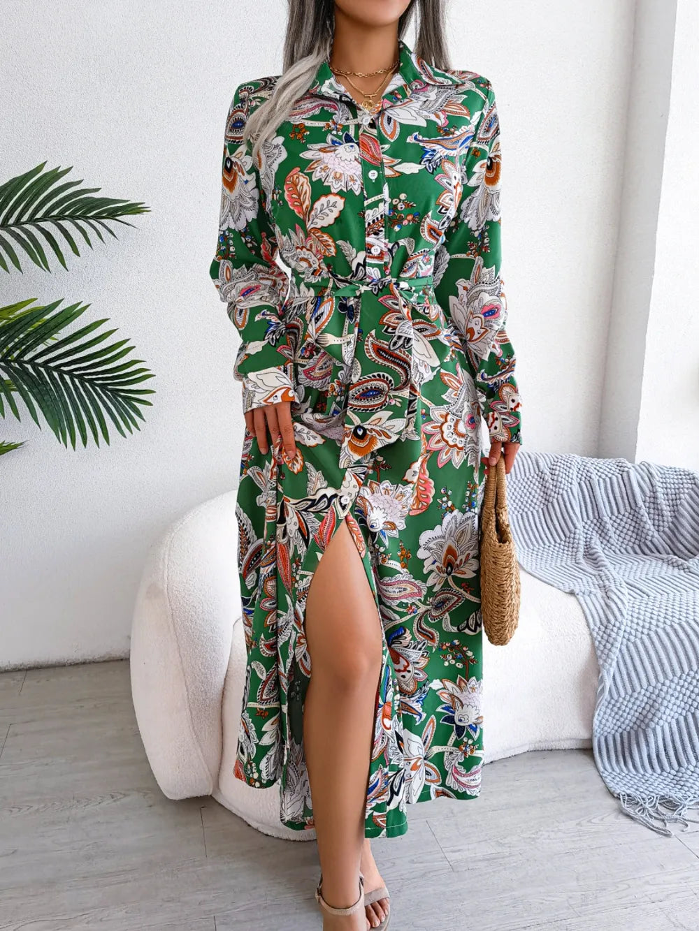 Women's Floral Printed Button Front Long Sleeve Midi Dress
